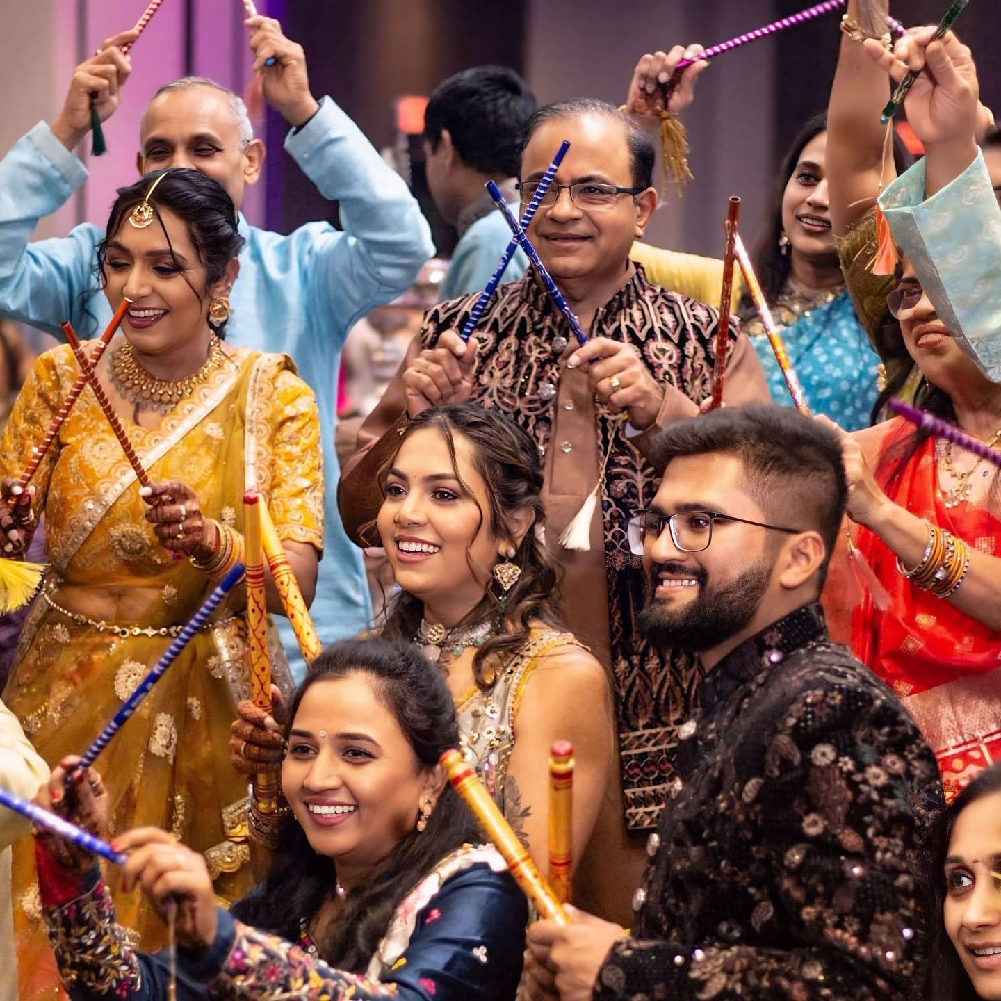 Family celebrating joyfully in vibrant traditional attire
