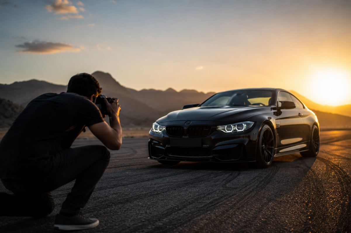 Photographer framing a dark car against a mountain sunset