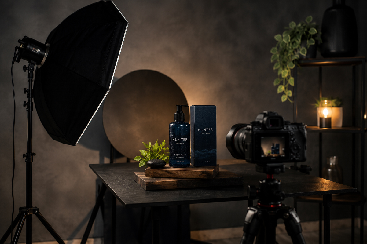Camera and product still-life arranged for a commercial shoot